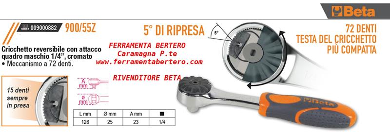 Cricchetto reversibile Beta Utensili 900/55Z attacco quadro maschio 1/4" cromato